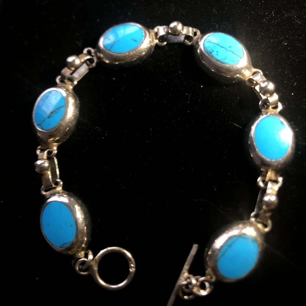 Vintage Mexico 925 Sterling Turquoise Cabochon 7" Bracelet . Only Turquoise One - Picture 7 of 10